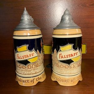 Hand-painted Vintage Falstaff beer stein, made in Germany, original metal lids